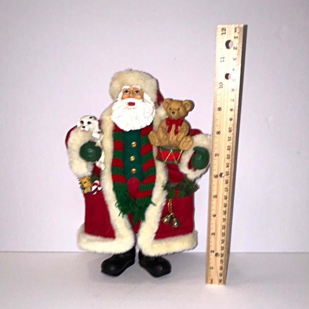 Santa Claus Christmas Santa Figurine 10 in Holding Teddy Bear & Drum, 3D
